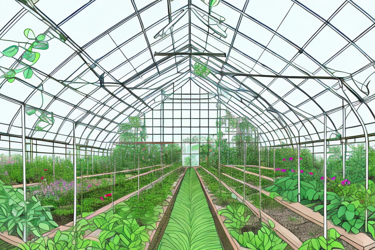 A greenhouse with an aquaponic system inside