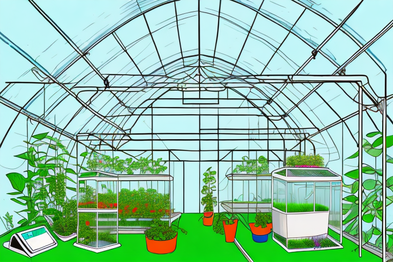 An aquaponics greenhouse with a thermometer and humidity gauge