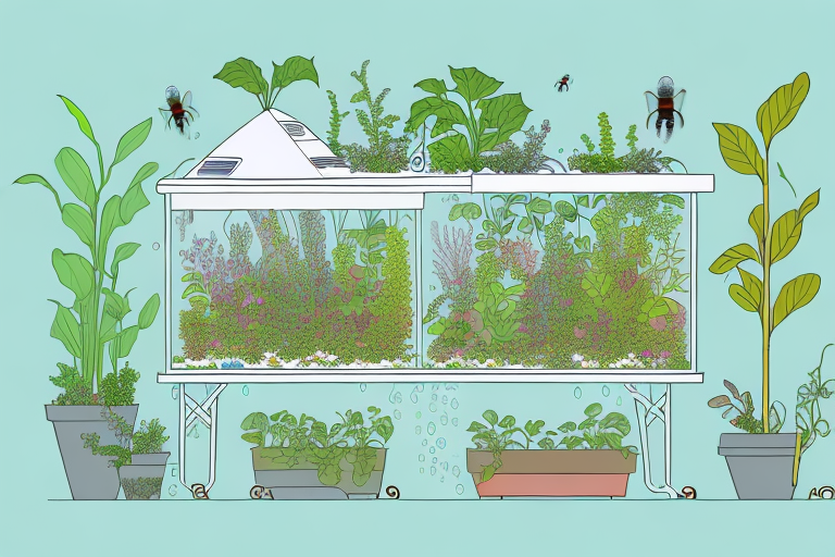 An aquaponics system with beneficial insects buzzing around it