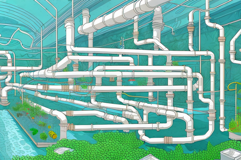 A large-scale aquaponics system with multiple tanks and pipes