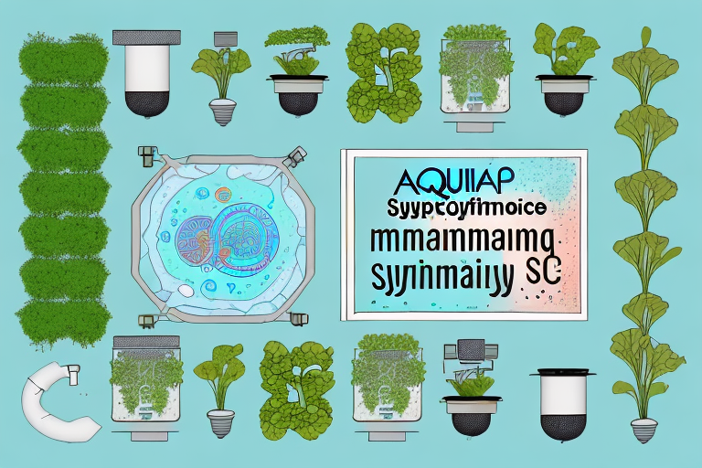 An aquaponics system with components labeled to show how to maintain and replace them