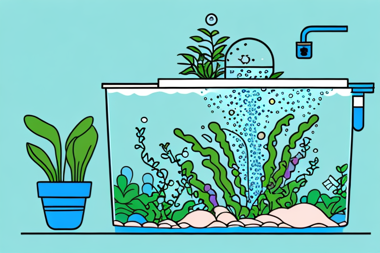 A fish tank with a water filter and a plant growing in the tank