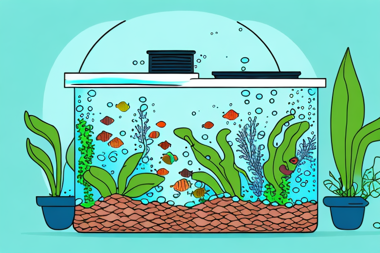 A fish tank with aquatic plants and a water filter