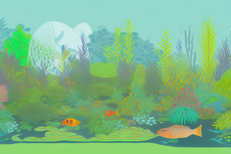A garden with a variety of plants and fish in a self-sustaining ecosystem