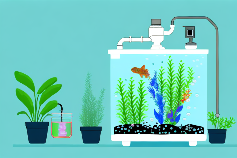 A fish tank with a water pump and a plant growing in the tank
