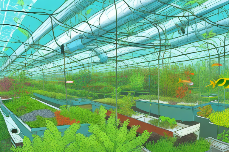 A thriving aquaponics farm with a variety of plants and fish