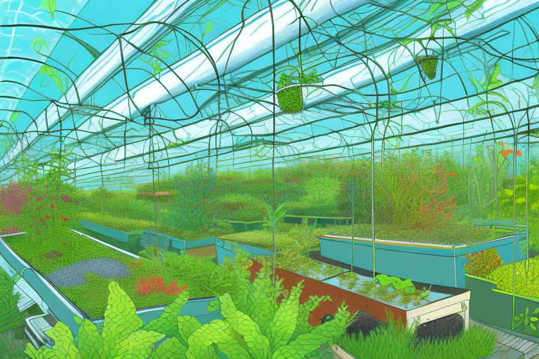 A thriving aquaponics farm with a variety of plants and fish