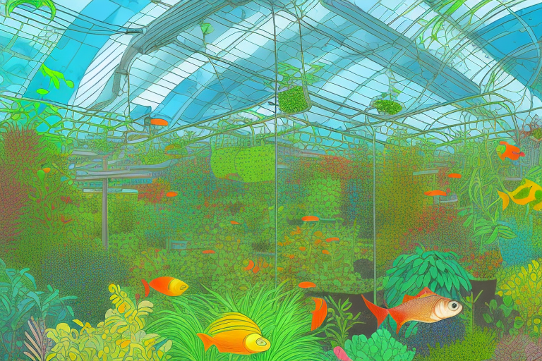 A vibrant aquaponics farm with a variety of plants and fish