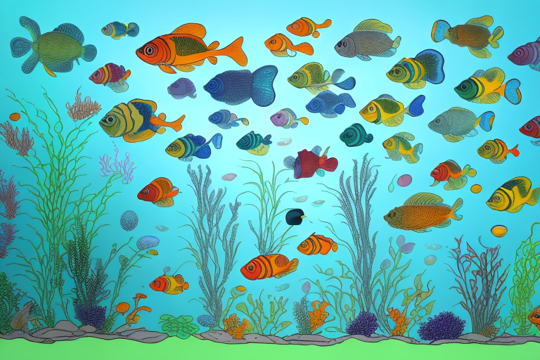 A fish tank with various fish of different sizes and colors