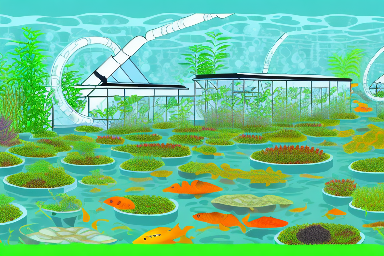 An aquaponics farm with a variety of aquatic animals and crops