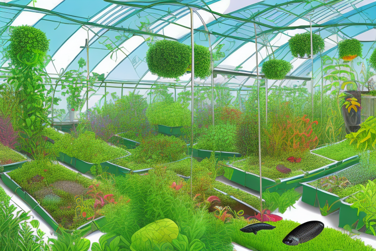 An aquaponics farm with a variety of plants and animals