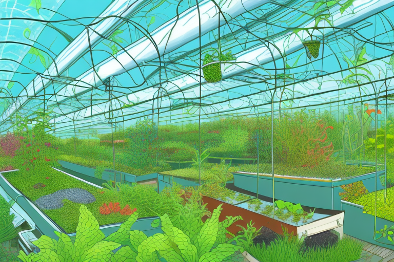 A thriving aquaponics farm with a variety of plants and fish