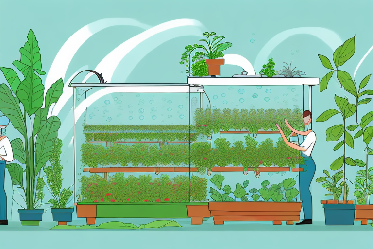 An aquaponics farm with seasonal workers tending to the plants