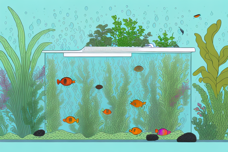 A modern aquaponics system with a variety of aquatic plants and fish