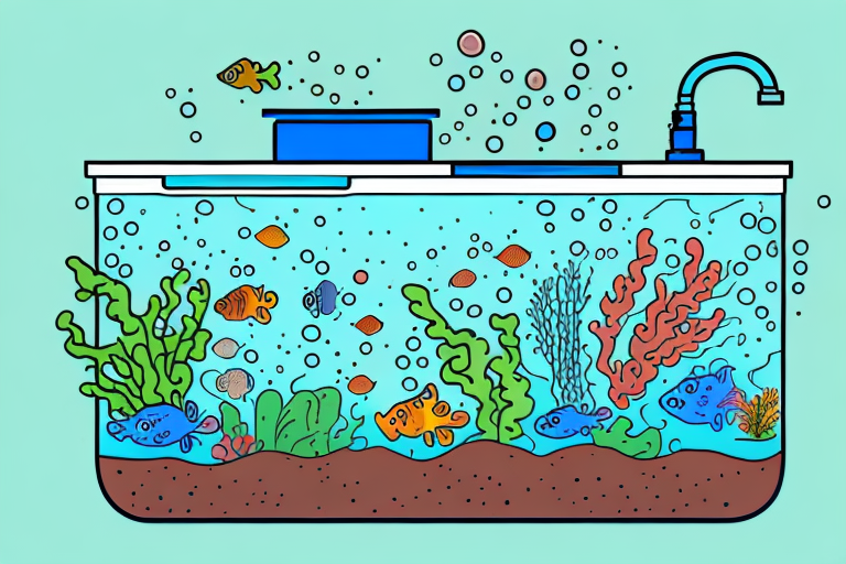 A fish tank with a filtration system and a compost bin to show the process of solid waste management in aquaponics