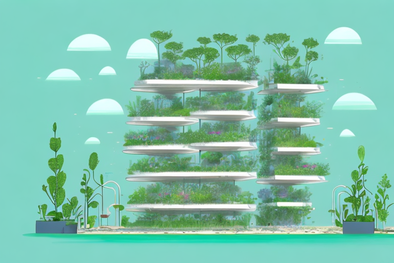 A tall building with multiple levels of aquaponics systems