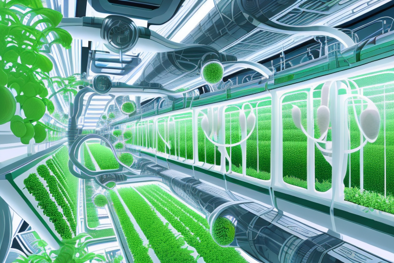 A futuristic hydroponic farming system in a space station