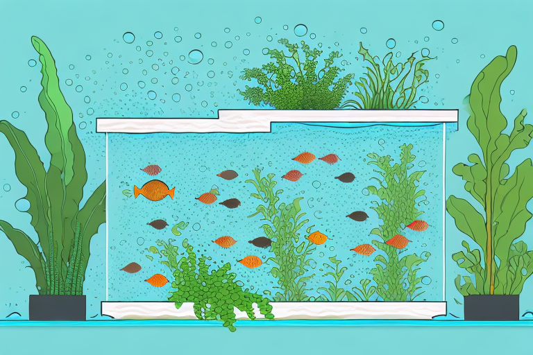 A water-filled aquaponics system with plants and fish