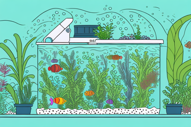 A large aquaponics system with plants and fish in a tank