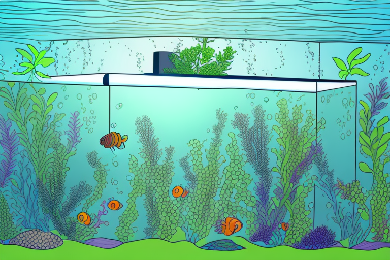 A fish tank with a hydroponic system and a variety of aquatic plants