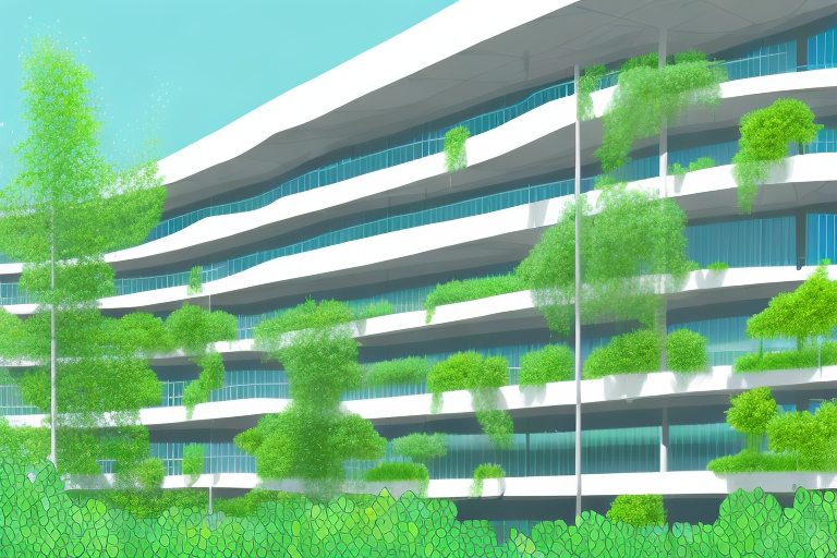 A corporate building surrounded by a lush aquaponic garden