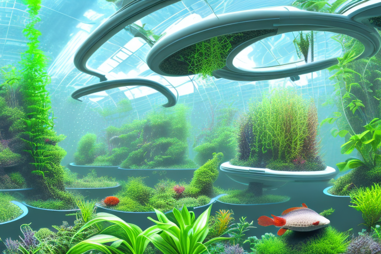 A futuristic aquaponics system with plants