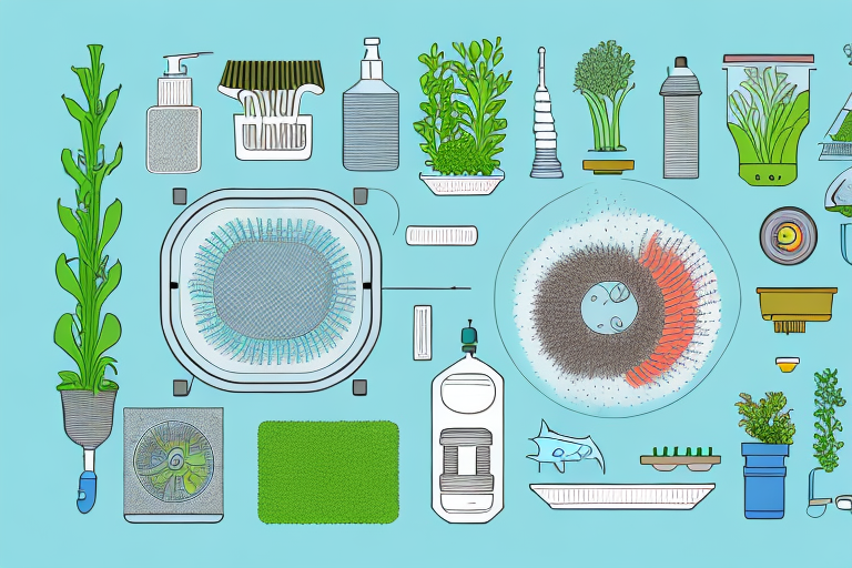 An aquaponics system with various cleaning tools and supplies