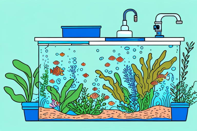 A fish tank with a variety of plants and equipment used for aquaponics water testing