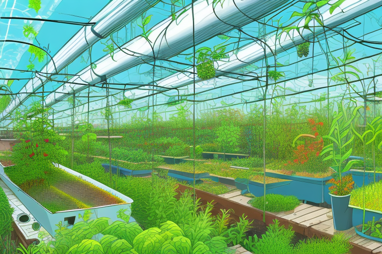 An aquaponics farm with a variety of plants and fish