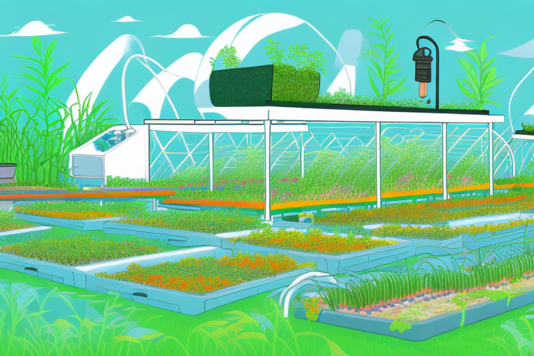 An aquaponics farm with its components and the environment it is situated in