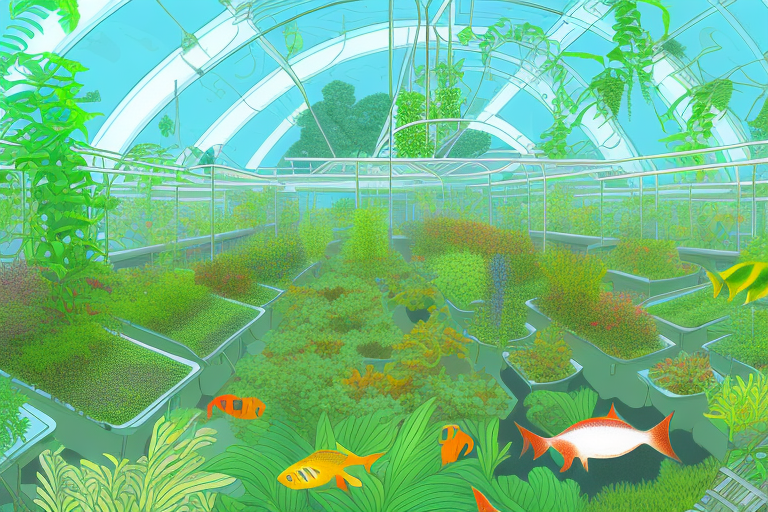 An aquaponics farm with a variety of plants and aquatic life