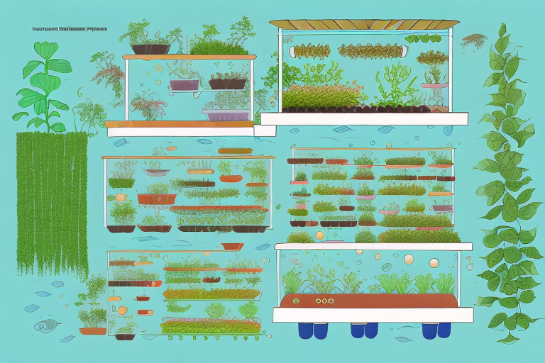 An aquaponics farm with its various components