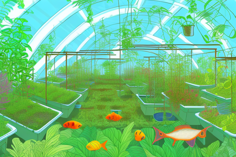 An aquaponics farm with a variety of plants and fish