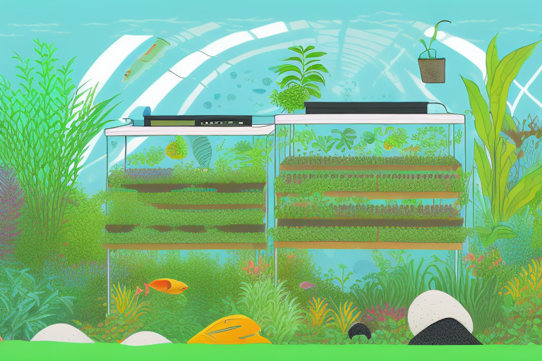 An aquaponics farm with a variety of plants and animals living in harmony