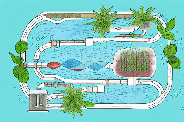 An aquaponics system with water flowing between the various components