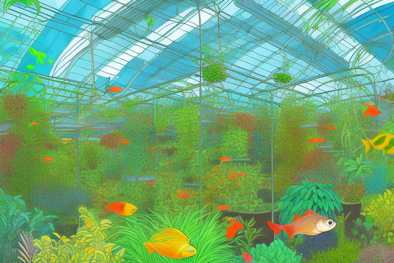 A vibrant aquaponics farm with a variety of plants and fish