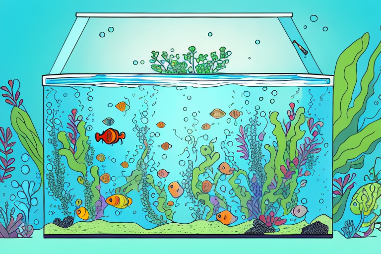 A fish tank with water plants and other aquatic life