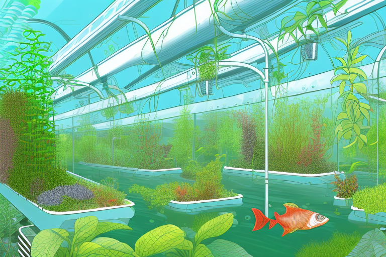 A modern aquaponics farm with a variety of plants and fish
