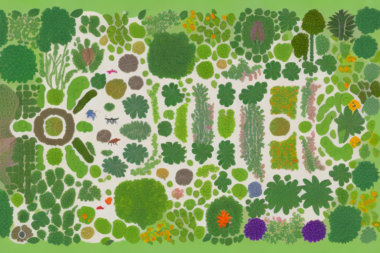 A garden with a variety of plants and animals
