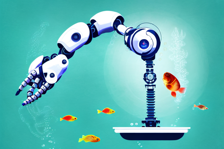 A robotic arm tending to a hydroponic system with fish swimming in the water