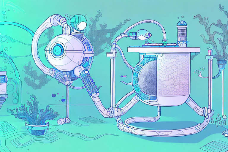 A futuristic aquaponics system with robotic arms and sensors