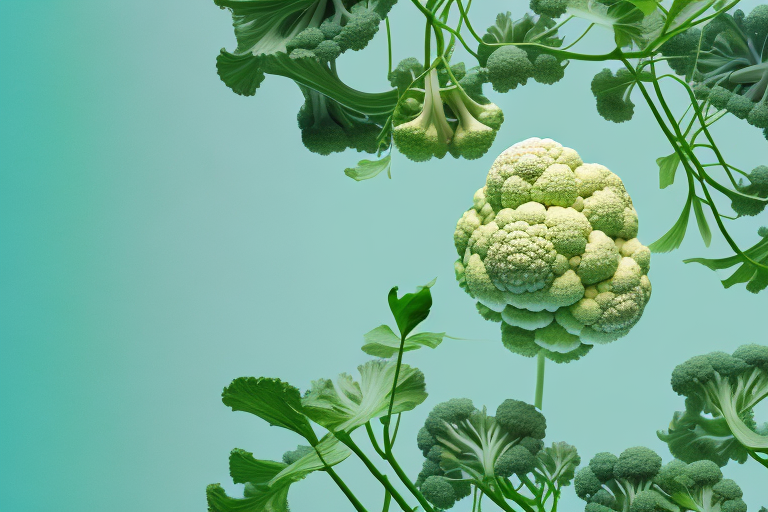 A vibrant aquaponic cauliflower plant with its roots in water and its leaves reaching up towards the sky
