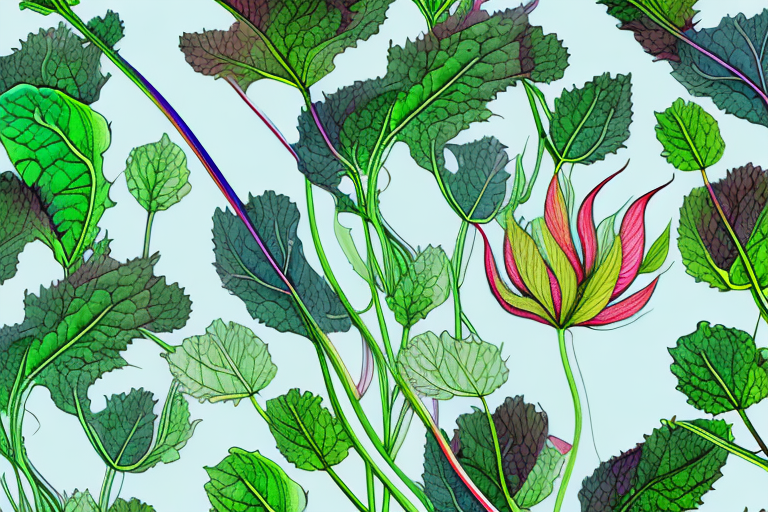 A vibrant aquaponic rhubarb plant with its roots in water and its leaves reaching up towards the sun