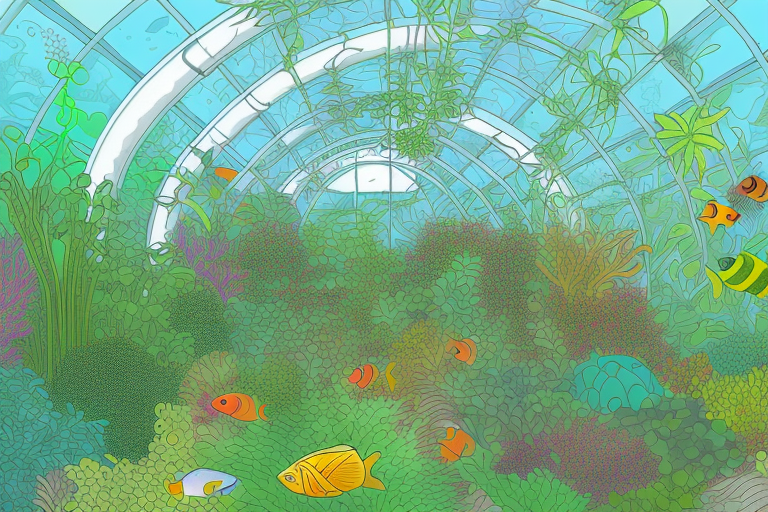 A thriving aquaponics system with a variety of plants and fish