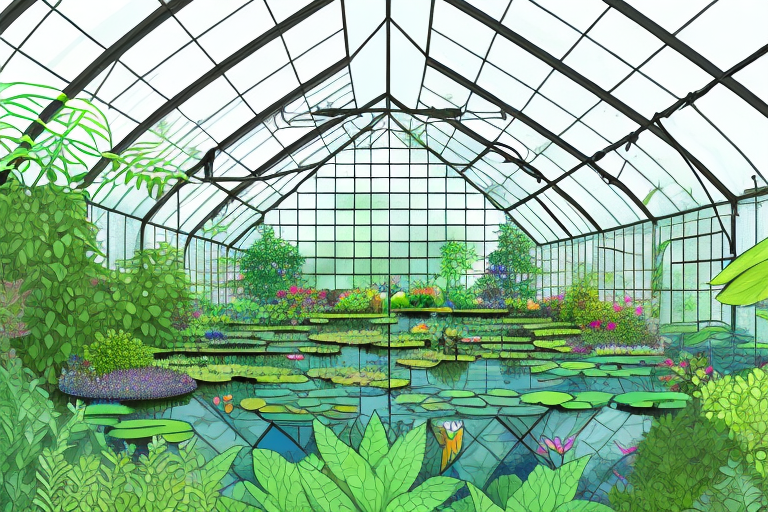 A greenhouse with a pond and plants