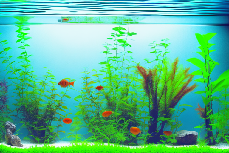 A fish tank with a biofilter and plants growing in the water