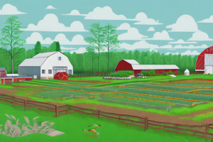 A traditional farm with an aquaponics system set up in the foreground