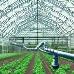 A farm with a system of tanks and pipes connected to a greenhouse