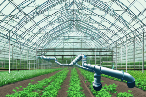 A farm with a system of tanks and pipes connected to a greenhouse