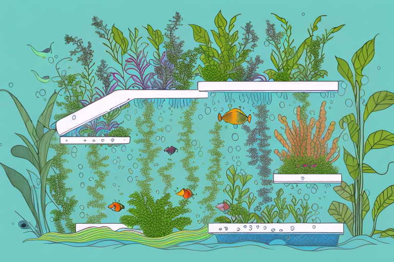 A multi-level aquaponics system with various plants and fish